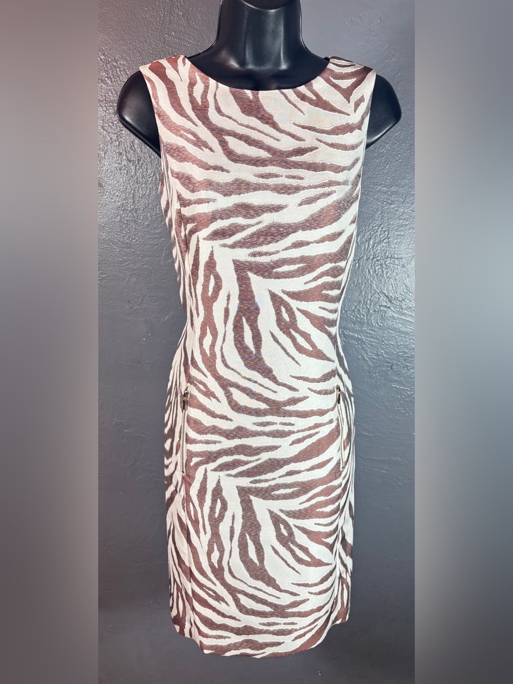 Vintage Anne Klein Sleeveless Zebra-Print Shift Dress Size 8
